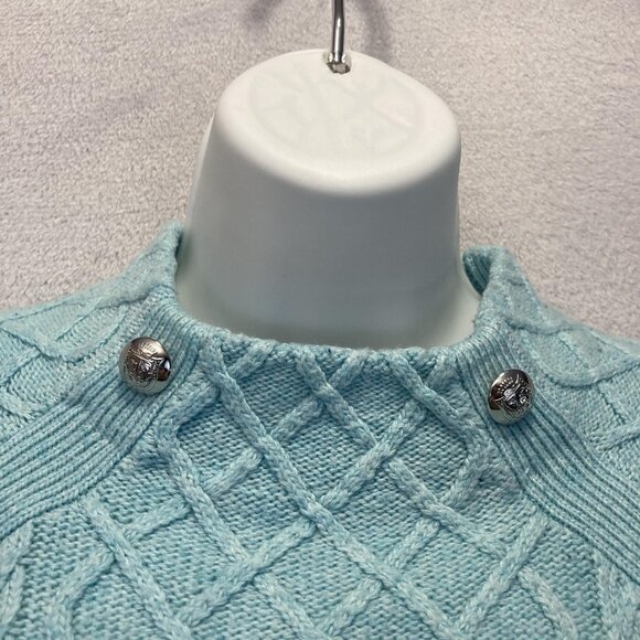 Talbots Cable Knit Sweater Womens Petite Large PL Aqua Blue Buttons Old Money - Picture 11 of 16